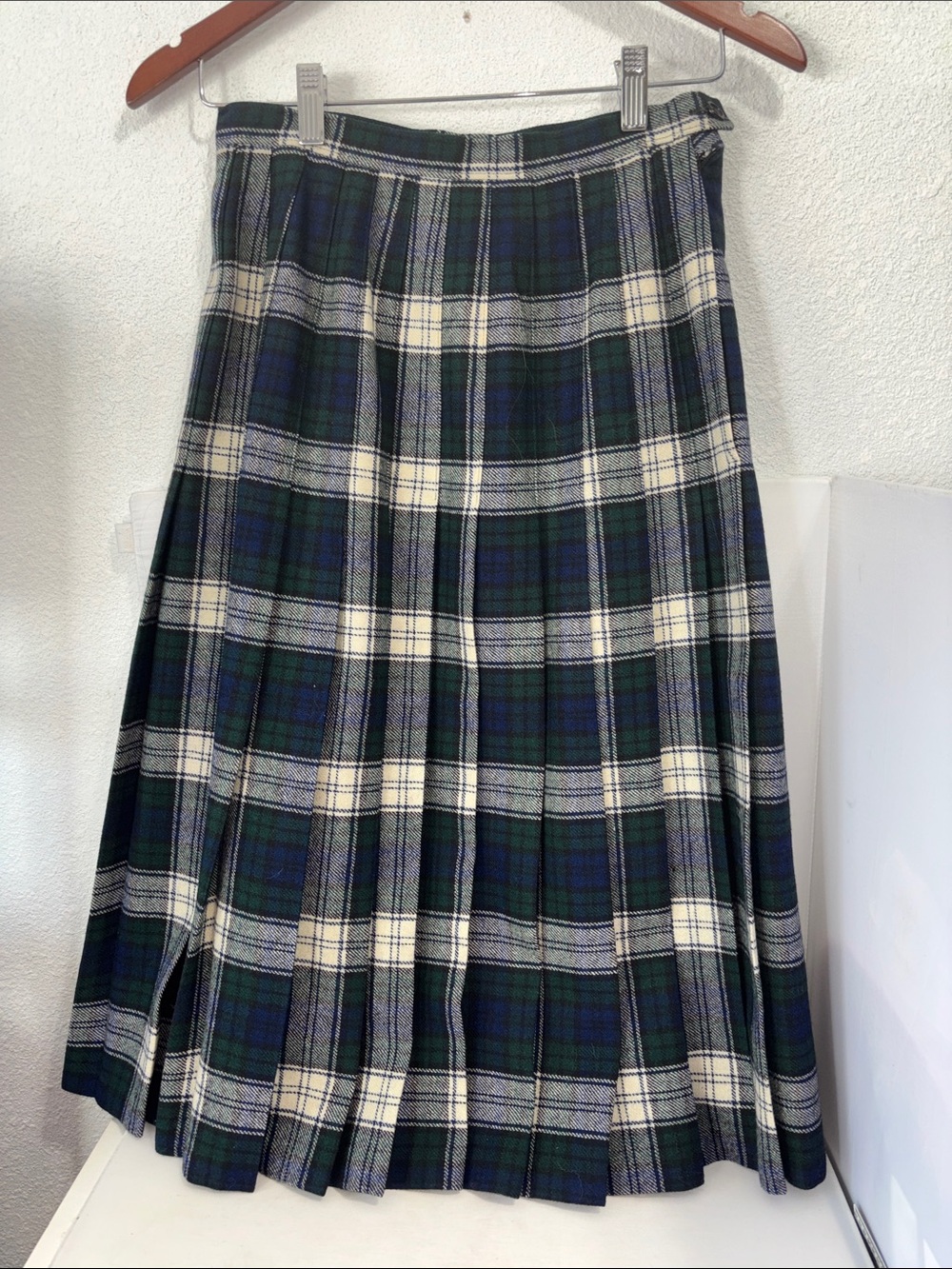 VTG Pendleton Green and Cream Plaid Pleated A-Line Skirt